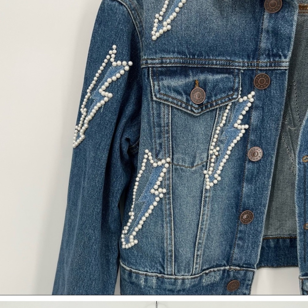 Sandro Pearl Lightning Bolt Cropped Denim Crop Jean Jacket